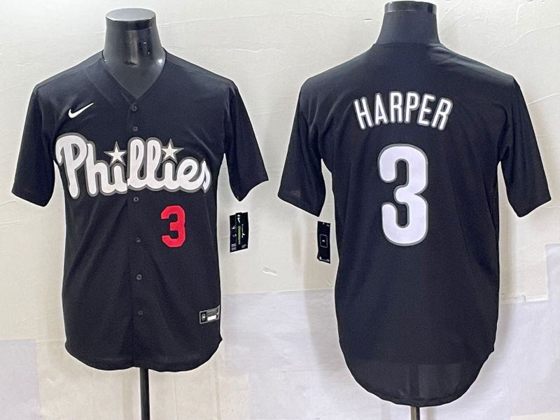 Men 2025 Philadelphia Phillies 3 Harper Black Fashion Nike MLB Jersey style 7044